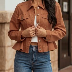 NWOT brown peplum denim jacket size small